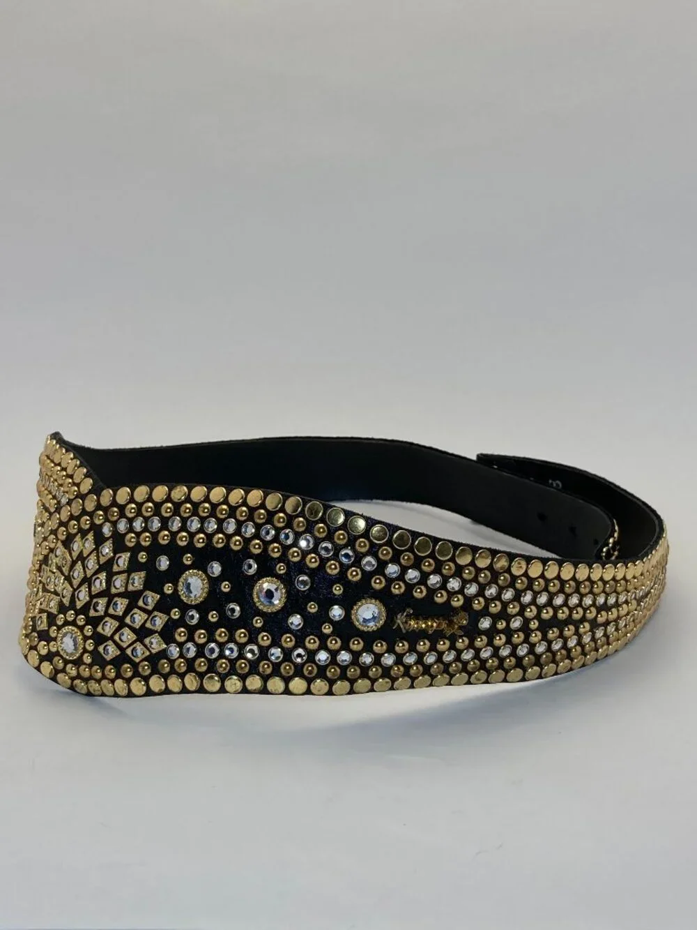 Kippys Vintage Western Belt Sz 34-37 Swarovski Crystal Black Leather Gold Studs